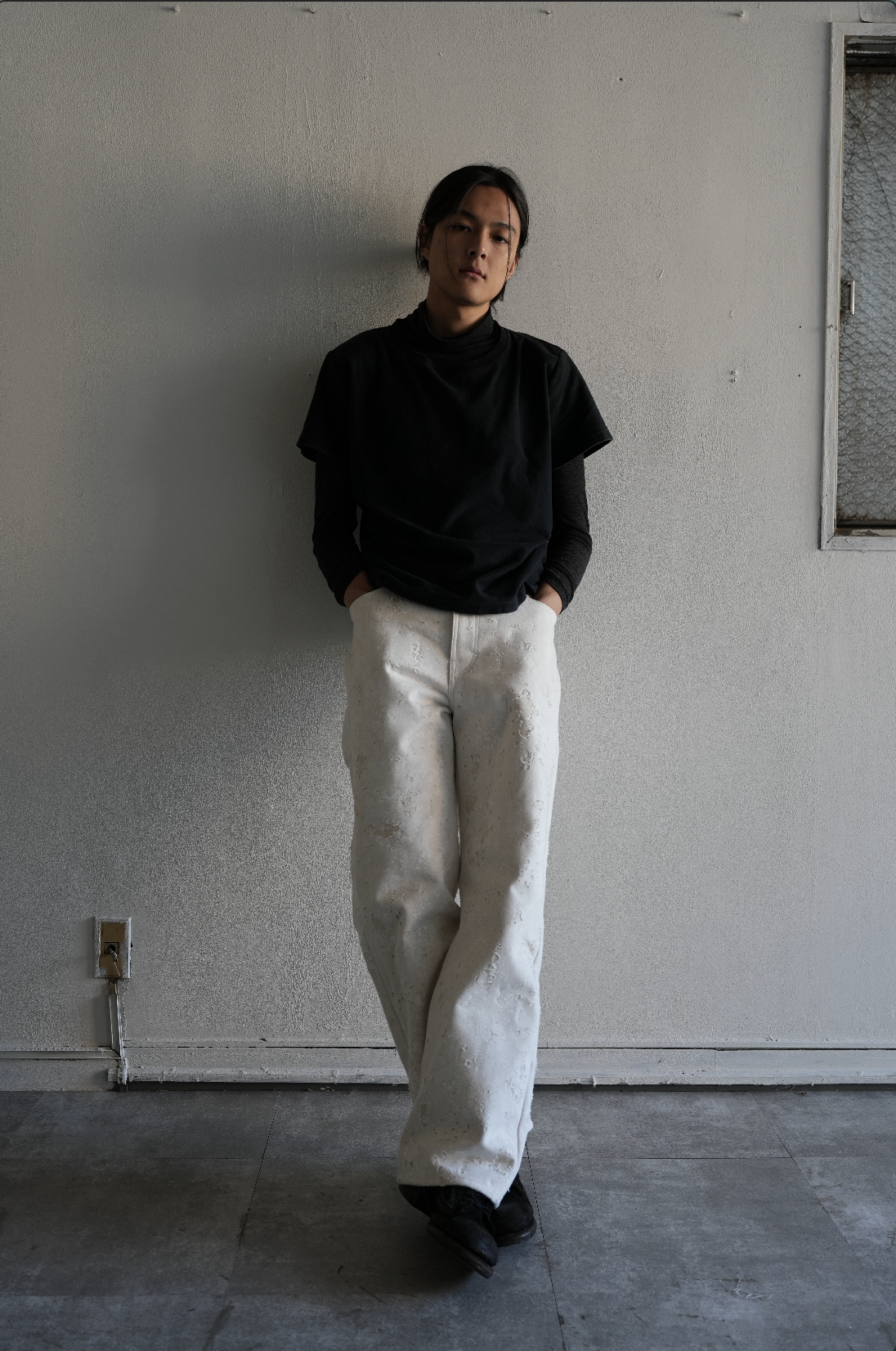 Flower Pattern Rubber Printing Damage Denim【White】FPR001-WH