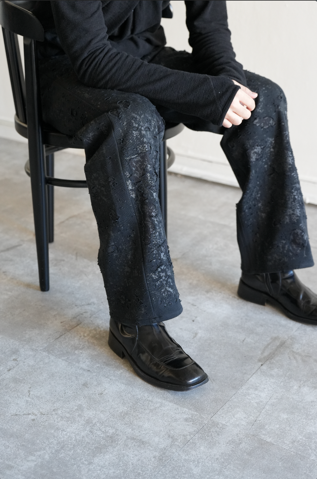 Flower Pattern Rubber Printing Damage Denim 【Black】FPR001-BK