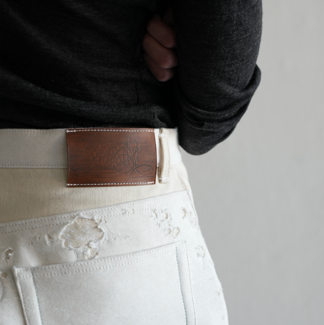 Flower Pattern Rubber Printing Damage Denim【White】FPR001-WH