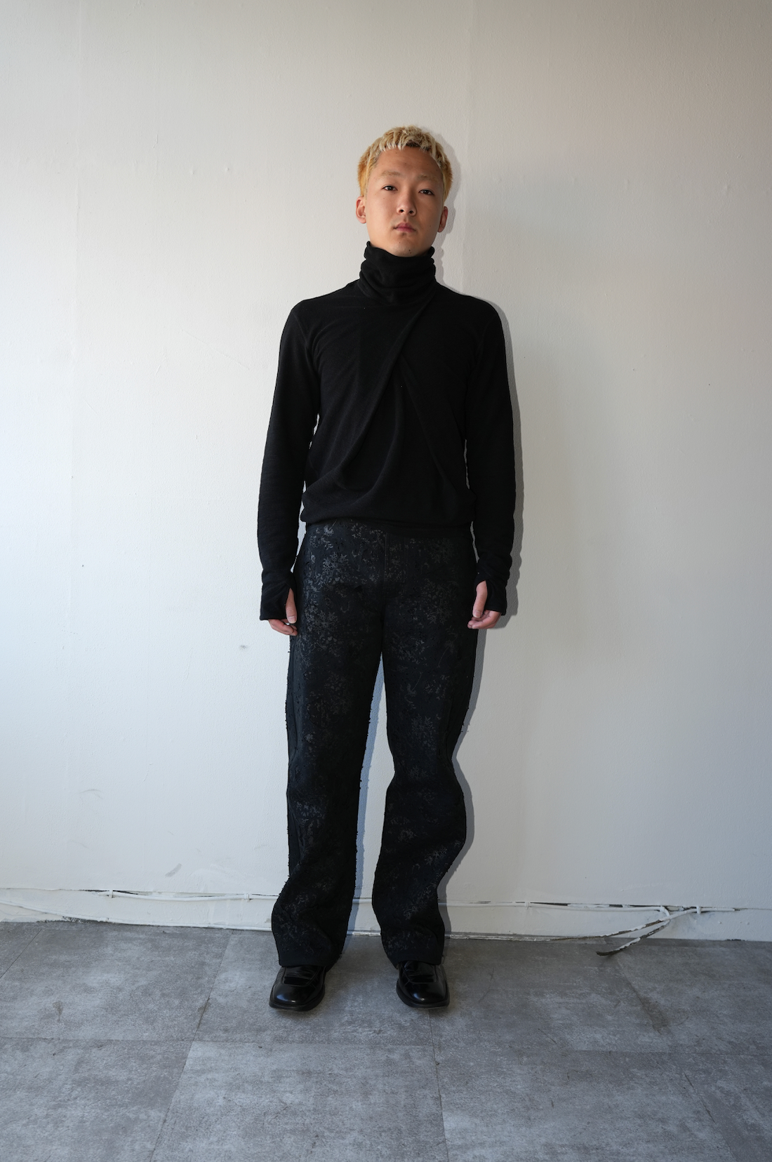 Flower Pattern Rubber Printing Damage Denim 【Black】FPR001-BK