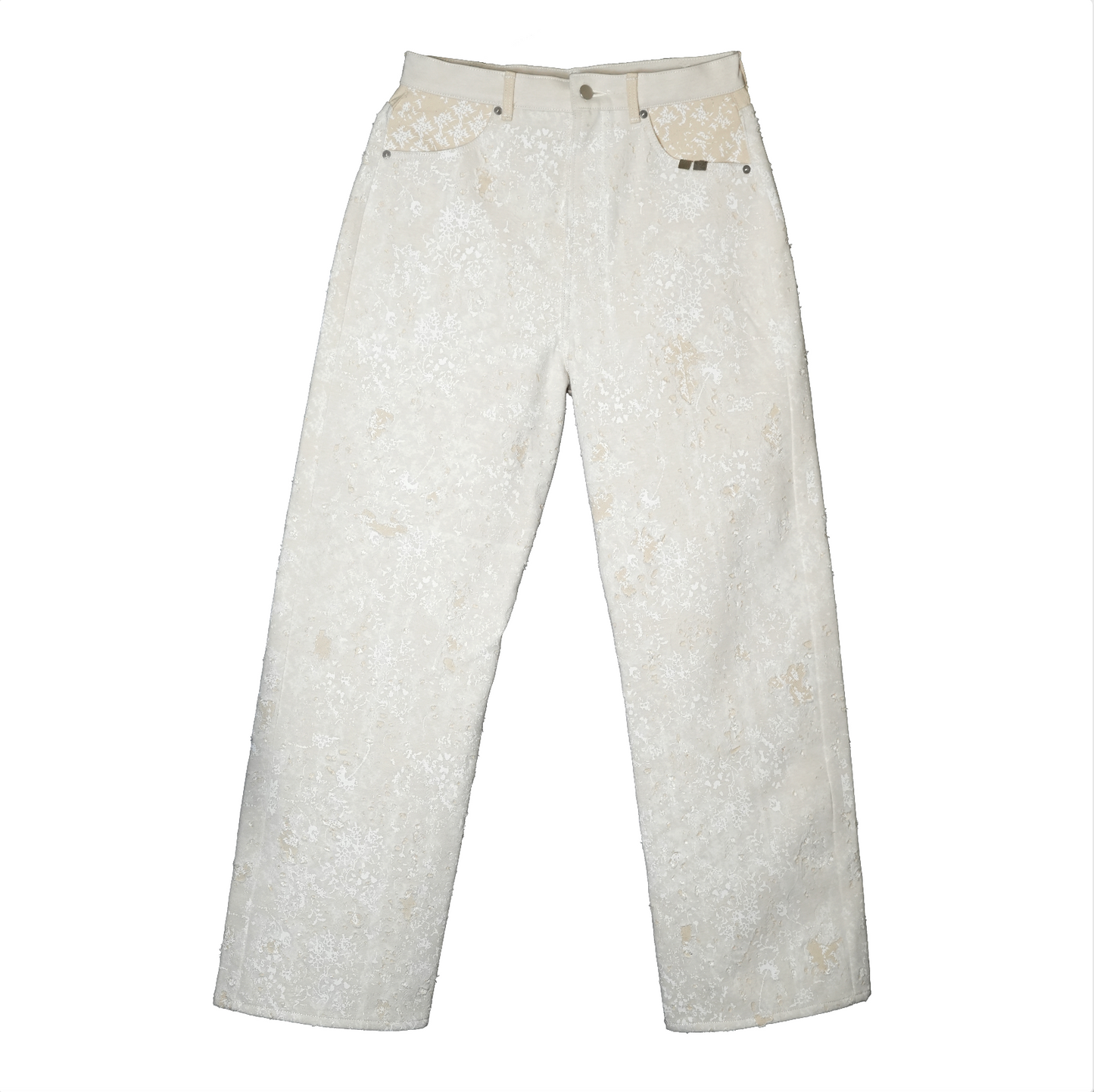 Flower Pattern Rubber Printing Damage Denim【White】FPR001-WH