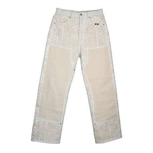 Tribal Pattern Rubber Printing Double Knee Denim 【White】TPR002-WH