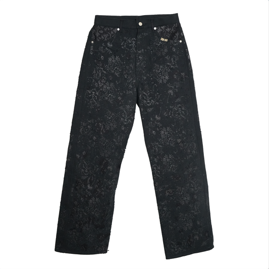 Flower Pattern Rubber Printing Damage Denim 【Black】FPR001-BK